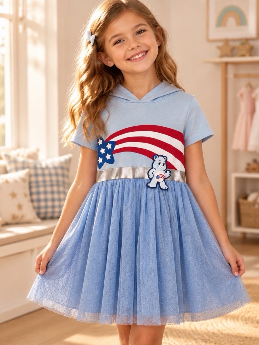 Care Bears Girls Size 8 Americana USA Flag Hooded Tutu Dress Blue